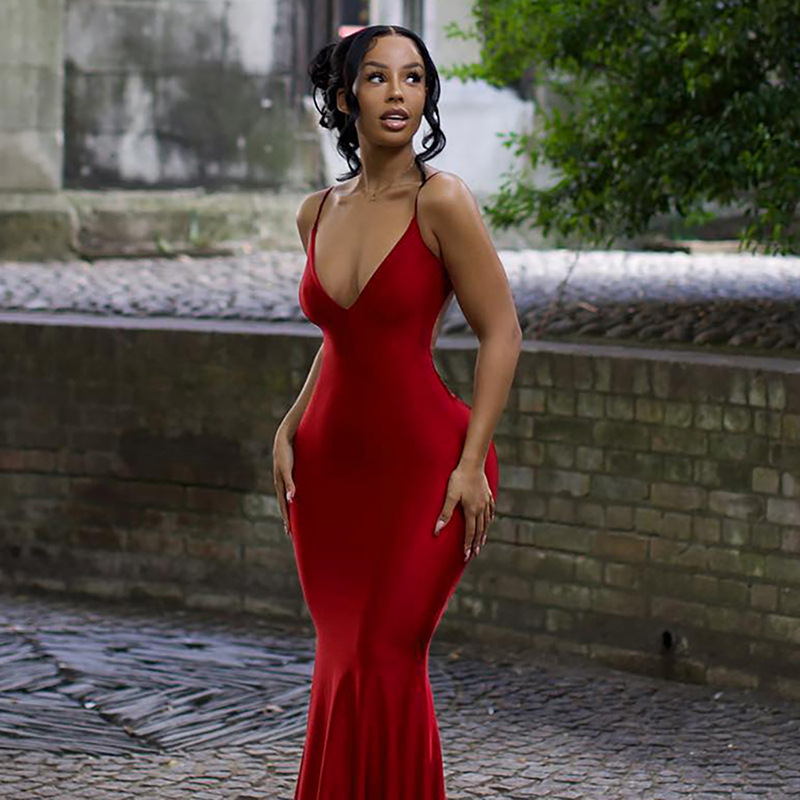 Easter Dresses Red Sexy Solid Backless Spaghetti Strap Long Dress Dresses(Red/L)
