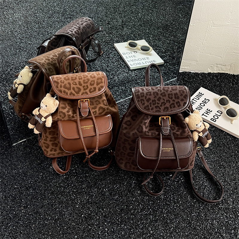 2027 New Korean Leopard Print Drawstring Front Pocket Children's and Middle/High School Student Parent-Child Style Backpack School Bag for Girls Wholesale
