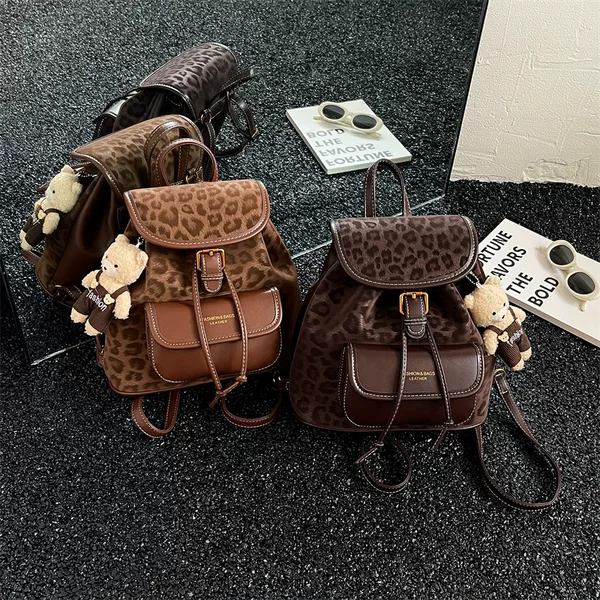 2027 New Korean Leopard Print Drawstring Front Pocket Children's and Middle/High School Student Parent-Child Style Backpack School Bag for Girls Wholesale