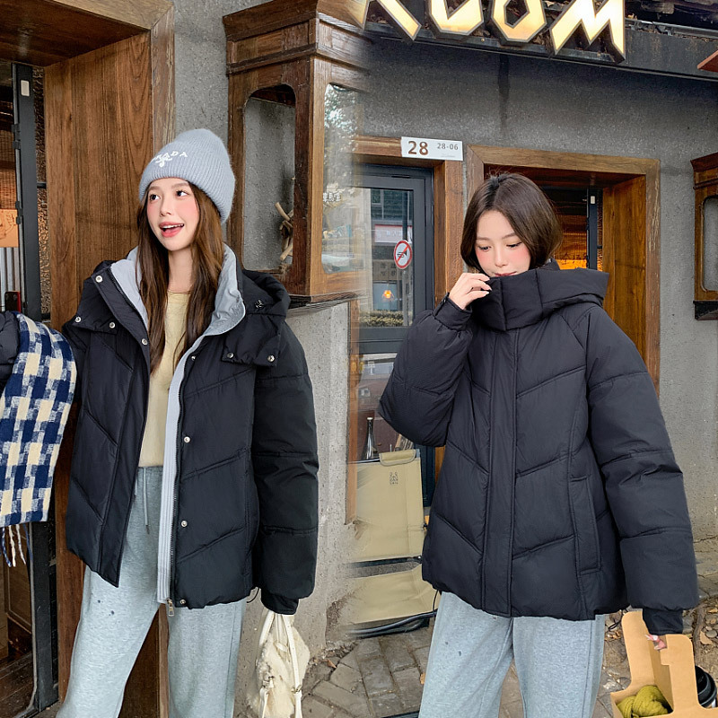 Foreign trade down cotton-padded jacket women's 2024 winter fashion hooded color contrast warm little design warm bread clothing