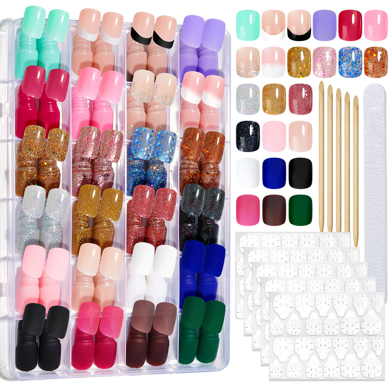 Cross-Border Set of Pre-Made Wearable Nail Tips with Glitter, French Matte Press-On Short Square Fake Nails