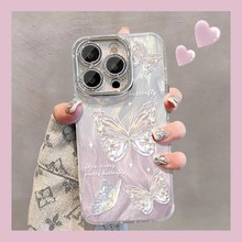 适用苹果15手机壳新女款iPhone16渐变蓝色蝴蝶13pro镜头膜12网红X