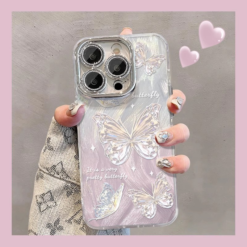 Suitable for Apple 15 Mobile Phone Case, New Women's Iphone16 Gradient Blue Butterfly 13Pro Lens Film 12 Internet Celebrity X