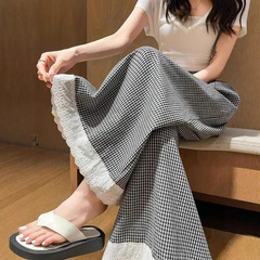 韓国レースチェック柄ワイドレッグカジュアルパンツ女性のための夏の新しいルーズ痩身ファッション多用途ズボン女性のための