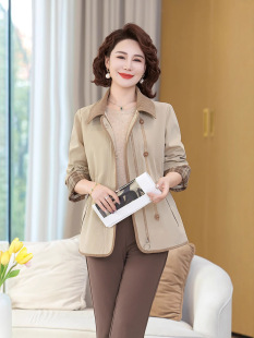 25 new middle-aged mother spring and autumn western style lapel coat short middle-aged women's jacket cardigan trench coat top