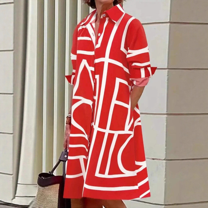 2025 Amazon Autumn New Arrivals Fashionable European and American Style Printed Shirt Collar Long Sleeve Mid-Length Dress 2025 Amazon Autumn New Arrivals Fashionable European and American Style Printed Shirt Collar Long Sleeve Mid-Length Dress