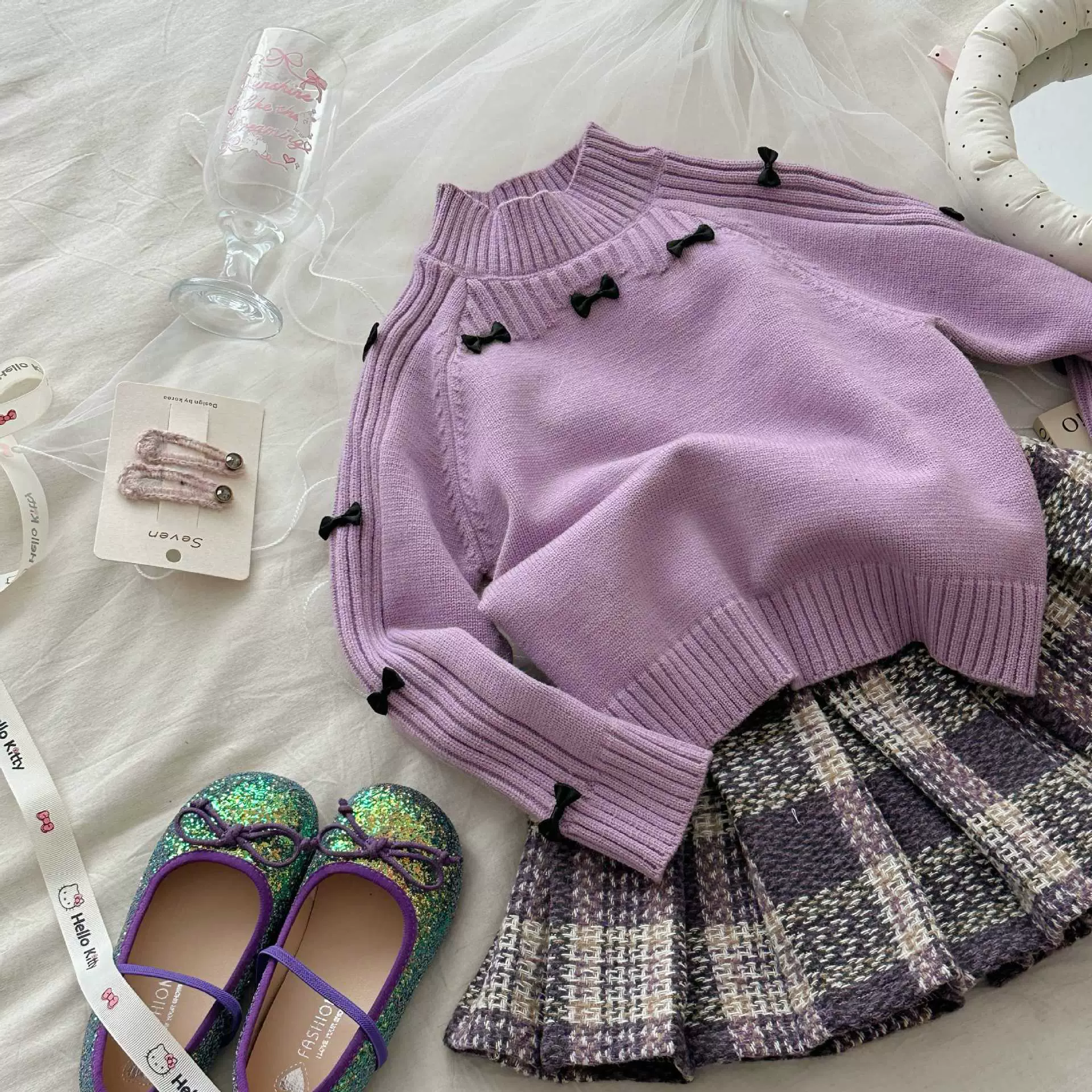 【安格拉纤绒纱】谢金毛女童紫色毛衣洋气百褶裙子粗呢格子裙套装