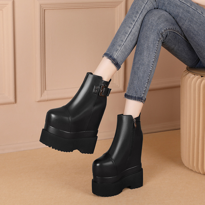 New Style High-Heeled Boots with 18cm Hidden Height Increase, Slimming and Height-Enhancing, with Belt Buckle, Short Boots, 2021 Autumn Zipper Solid Color Trendy Women's Shoes New Style High-Heeled Boots with 18cm Hidden Height Increase, Slimming and Height-Enhancing, with Belt Buckle, Short Boots, 2021 Autumn Zipper Solid Color Trendy Women's Shoes