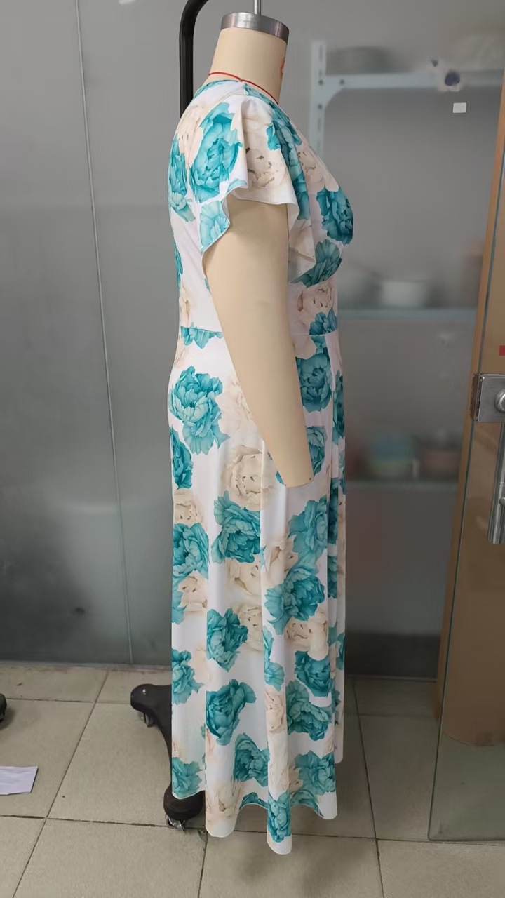 Summer Elegant Plus Size High-Quality Printed Long Dress V Neck Flowing Skirt Women's Clothing_ecoleips.com