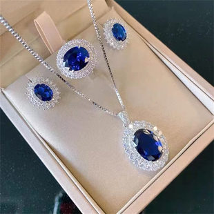 Sapphire suit rings necklace earrings three -piece tanzanite European and American temperament light luxury pendant wild jewelry