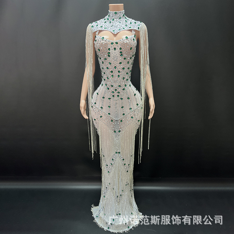 Niche Light Luxury Shining Rhinestone Elegant Trailing Dress Wedding MC Dress Model Show Dress