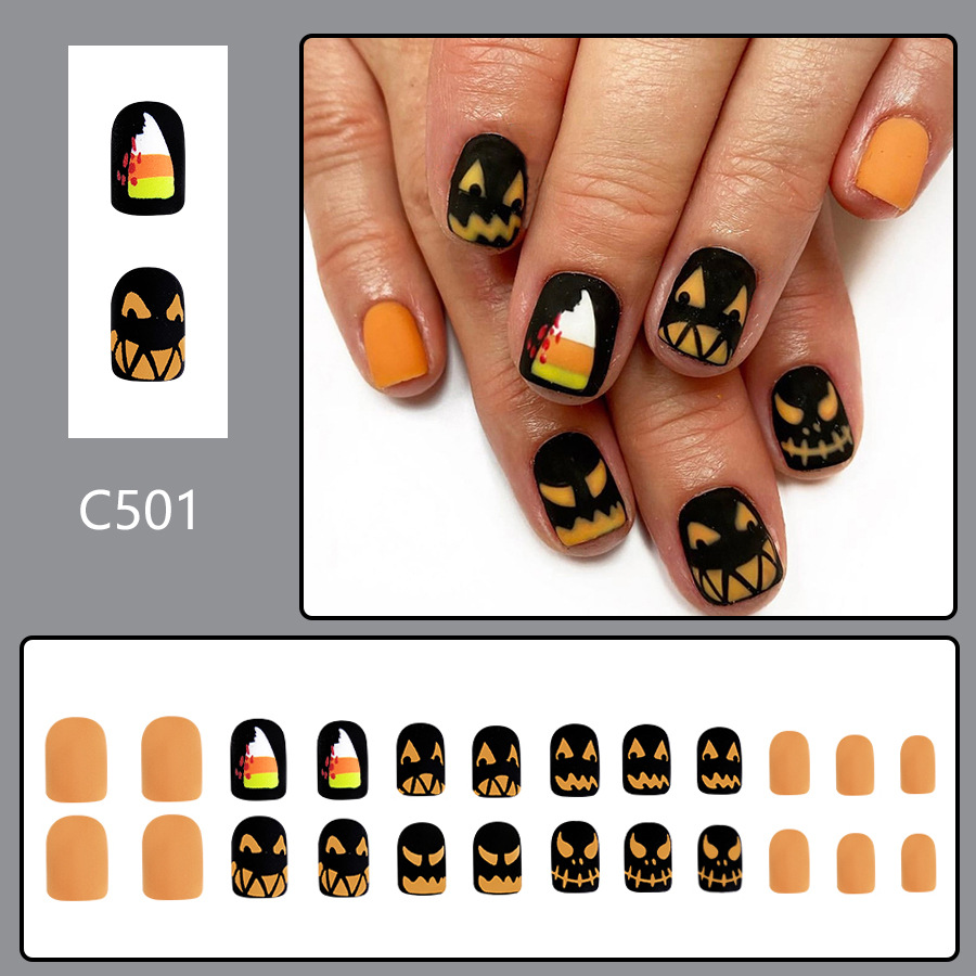 Short Frosted Spider Pumpkin Orange Faces Devil Nails Wear Armor 20.24 million Holy Festival Manicure New 24 Pieces_voghion.com