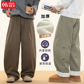 分割打褶加绒棉裤男秋冬新款日系宽松弯刀休闲裤潮牌宽松微阔长裤