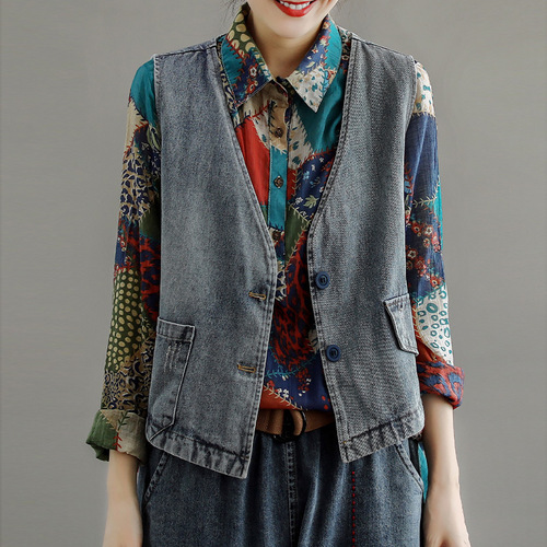 2022 Spring and Summer New Denim Vest Vest Jacket Women Korean Style Loose Trendy Outer Wear Retro Literary Vest