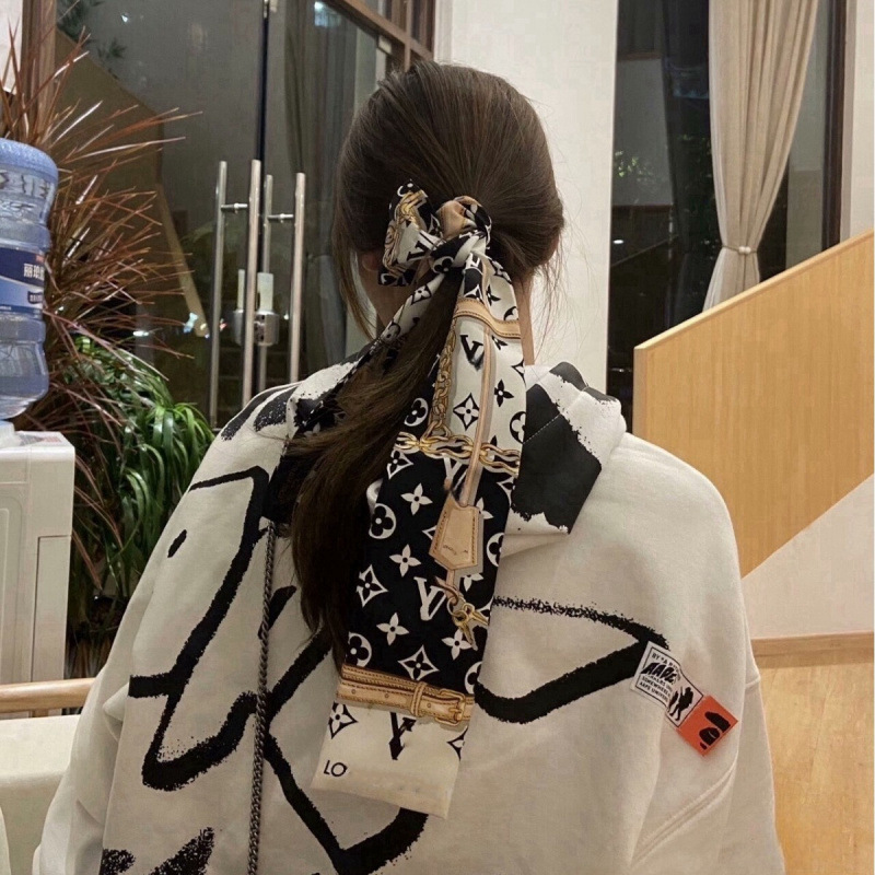 老花黑白链条小丝巾绑包手柄丝带束发带长条飘带领巾L女发束装饰|undefined
