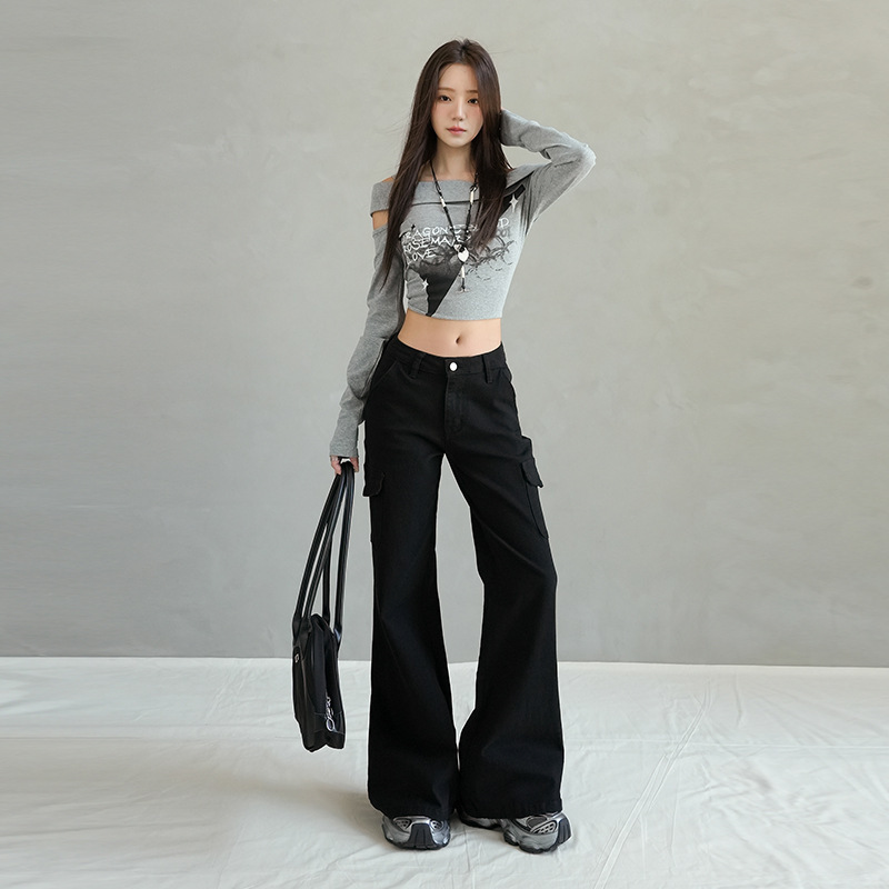 卡其色大口袋工装牛仔裤女2025新款秋冬季宽松拖地休闲弹力喇叭裤|undefined