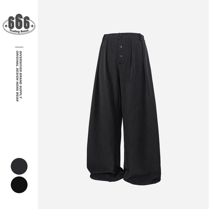 Utiituii High-End Black Dress Pants with Drape, Stylish Designer Trendy Brand, Button-Front Long Pants for Men 020