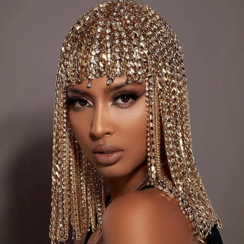 Cross-Border Popular Tassel Hair Chain for Women, Metal Punk Style, Exaggerated Rhinestone Headwear, Fashion Party Stage Performance Accessories