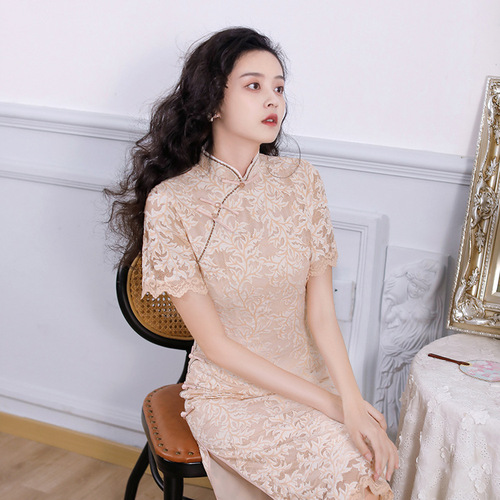  fashion show young bud lace oriental retro qipao dress cheongsam long double improved daily banquet wholesale morality
