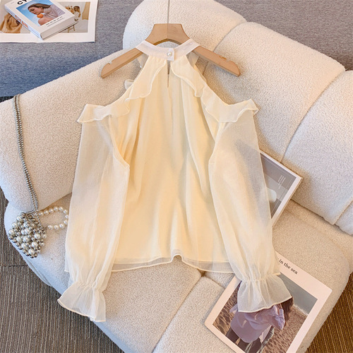 Spring and Autumn New French Elegant Pure Desire Shoulder-Strap Slimming Blouse Japanese Fresh Sweet Long-Sleeve T-Shirt Top for Women