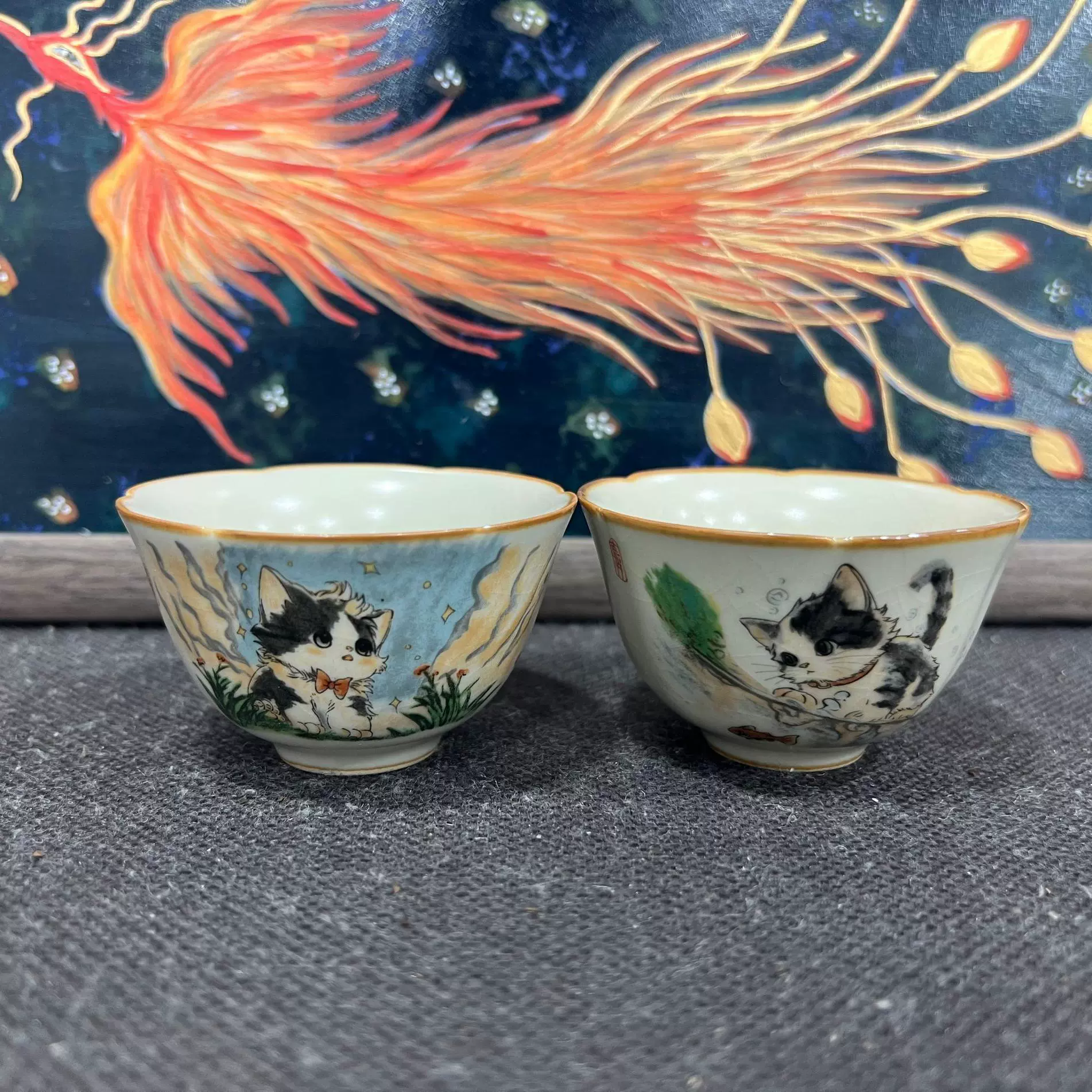 汝窑萌猫陶瓷茶杯高档主人杯品茗杯单杯功夫茶具开片可养