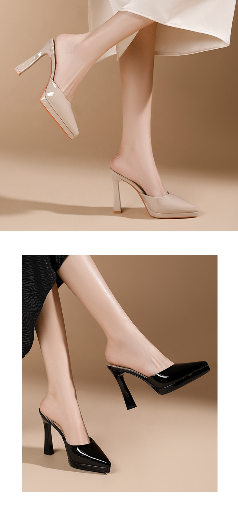 Sandal cao gót nữ mũi nhọn, gót 10 cm, đế platform, chất liệu da PU bóng — Da trần-10cm chi tiết 6