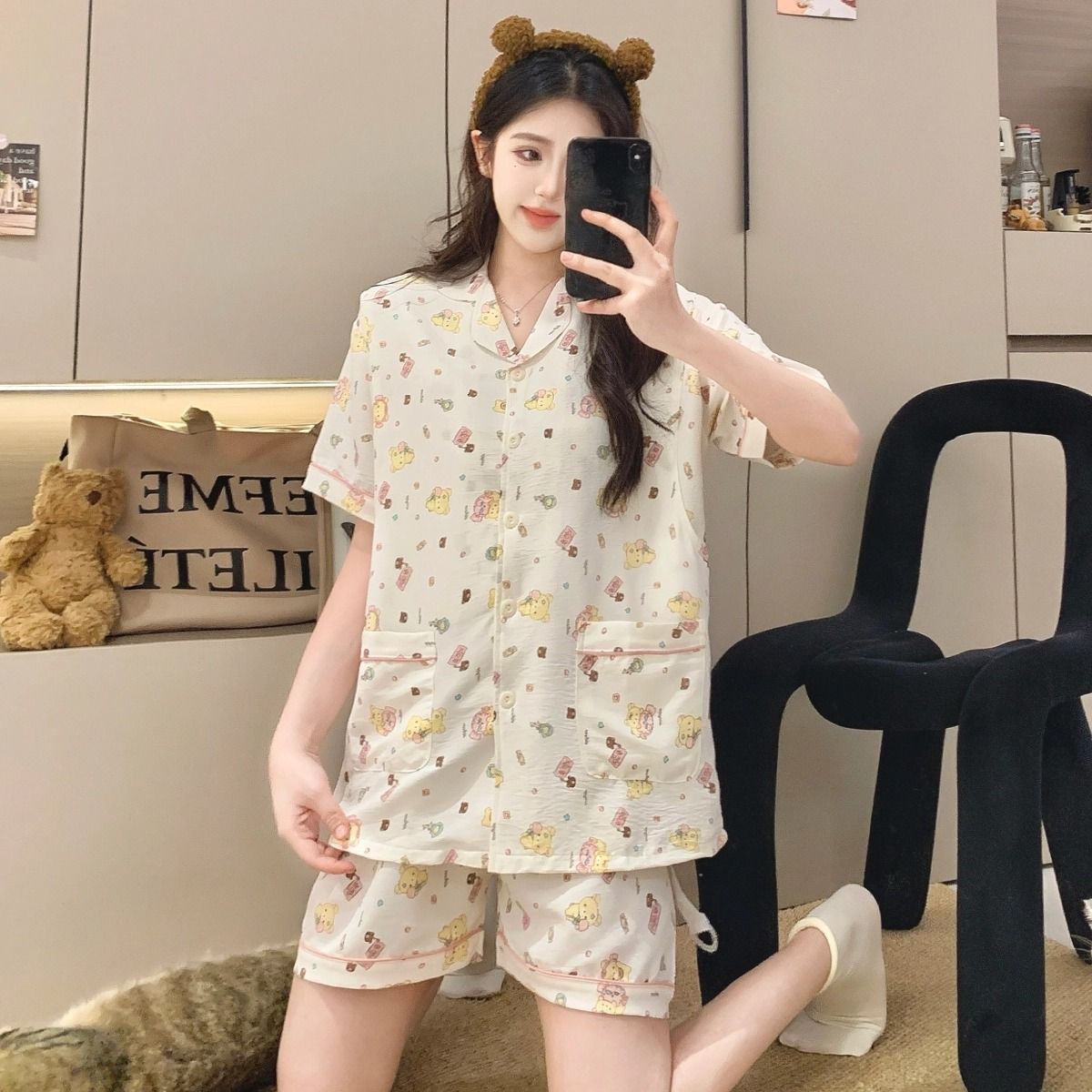 임신 중 가슴 패드가 있는 여름 월경 클라우드 코튼 가디건, 임산부를 위한 반팔 반바지, 수유 홈 파자마 세트