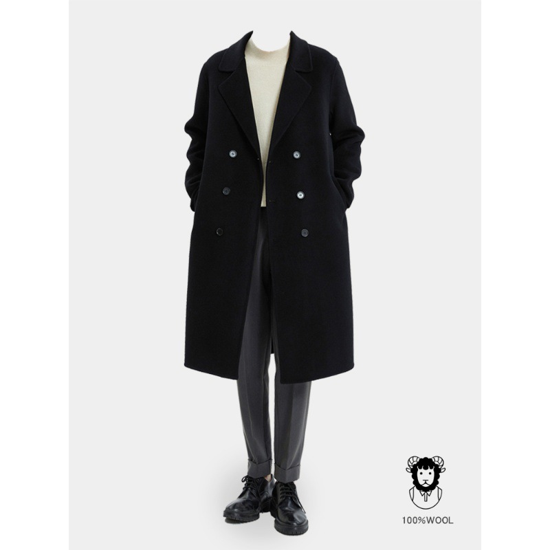 秋冬の長いタイプの膝の両面のカシミヤのコートの男性の双列は韓国版のスーツのゆったりしているウールのフードのコートを掛けます。