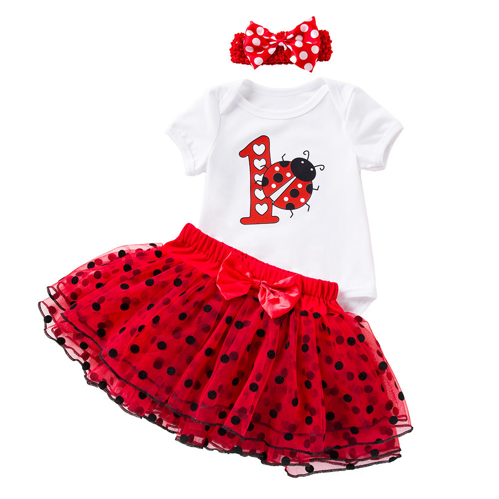 ins Amazon Explosions Children's Clothing Wholesale Baby Summer Cartoon Ladybug Short-sleeved Harper Princess Dress Hair Accessories 3-piece Set