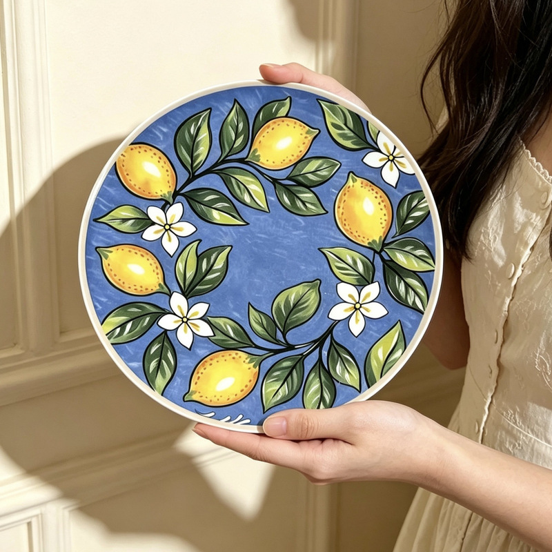 Ins-Style Lemon-Printed Ceramic Dinner Plate, Mediterranean-Style Fresh Blue Background Fruit Pattern Flat Plate, Household Dessert Plate Ins-Style Lemon-Printed Ceramic Dinner Plate, Mediterranean-Style Fresh Blue Background Fruit Pattern Flat Plate, Household Dessert Plate
