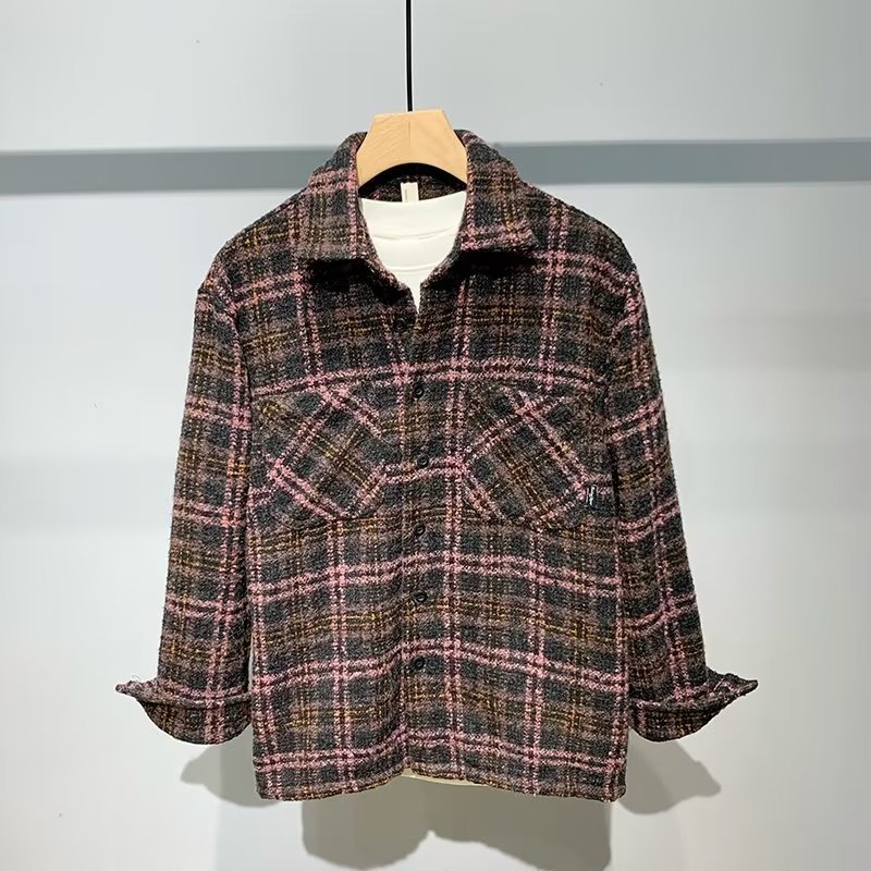 Japanische Retro-Jacke für Herren im High-End-Stil, neuer Herbst-Look, Chanel-inspiriertes Karohemd, Wolljacke, Trendmarke_voghion.com
