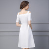 White strap off shoulder pear shaped figure with waistband A-line skirt