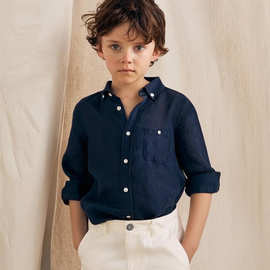 童装亚麻衬衫男童女童长袖翻领上衣干爽透气春夏学院风棉麻衬衣