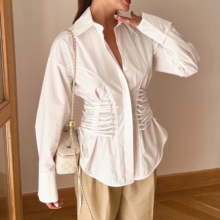 Cross-border women's clothing with unique design, lace-up waist shirt, 2026 new model, collared long-sleeve cardigan, casual top Cross-border women's clothing with unique design, lace-up waist shirt, 2026 new model, collared long-sleeve cardigan, casual top