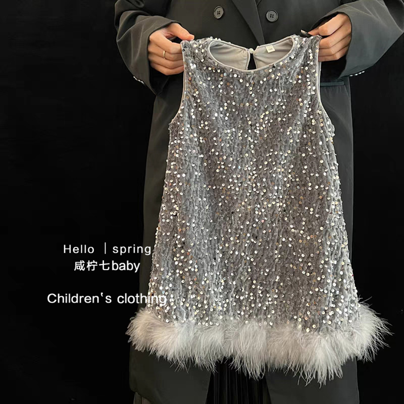 Ropa de marca infantil 2025 primavera nuevo vestido de niña niño de alta sensibilidad chaleco de plumas vestido vestido princesa