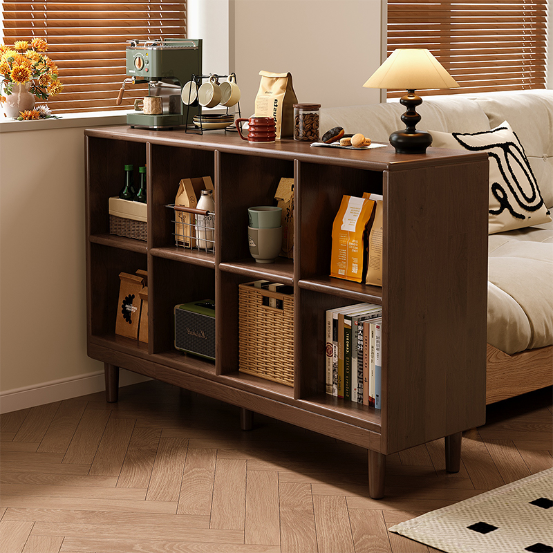 Gabinete de madera sólida, gabinete de cuadrícula de color de nuez, armario de almacenamiento de piso, gabinete bajo, estante de pared integrado