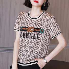 妈妈T恤女短袖上衣夏装新款插色宽松遮肚子中老年洋气上衣衫8639