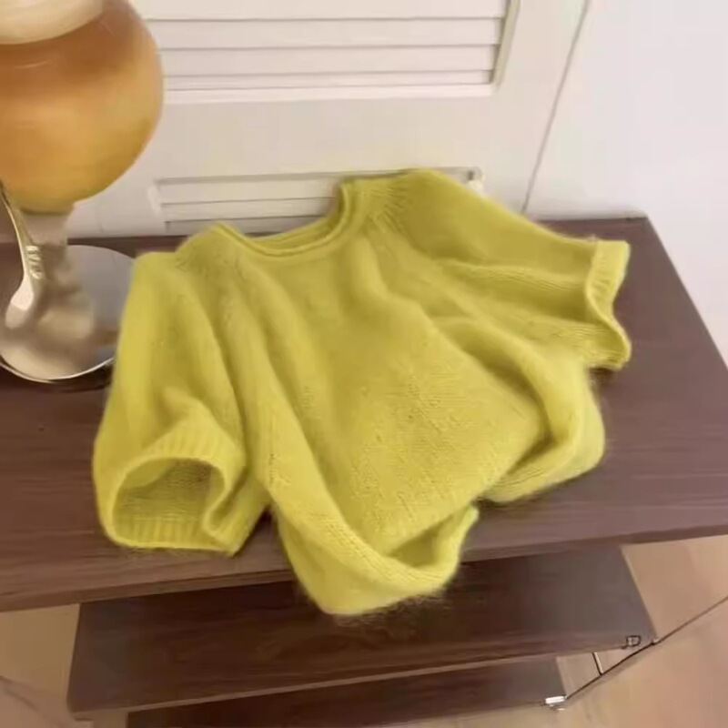 New Summer Soft Mustard Yellow Short-Sleeved Mohair Sweater for Women, Loose, Lazy Style, Sweet Knitted Top New Summer Soft Mustard Yellow Short-Sleeved Mohair Sweater for Women, Loose, Lazy Style, Sweet Knitted Top