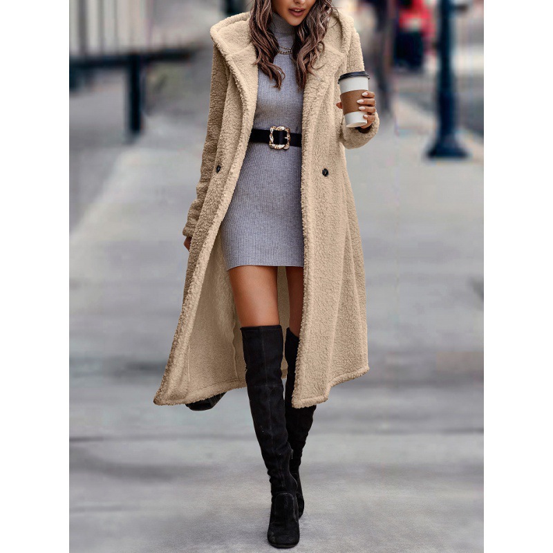 Autumn And Winter Fashion Long Solid-Color Long-Sleeved Plush Hooded Jacket Women's Coat Windbreaker Top_ecoleips.com