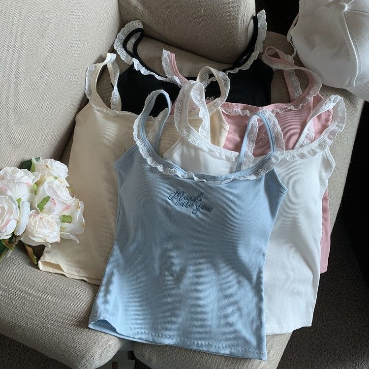 Pure Desire レース刺繍キャミソール レディース 胸パッド付き インナーとアウター 美背中デザイン 着痩せトップス 夏|undefined
