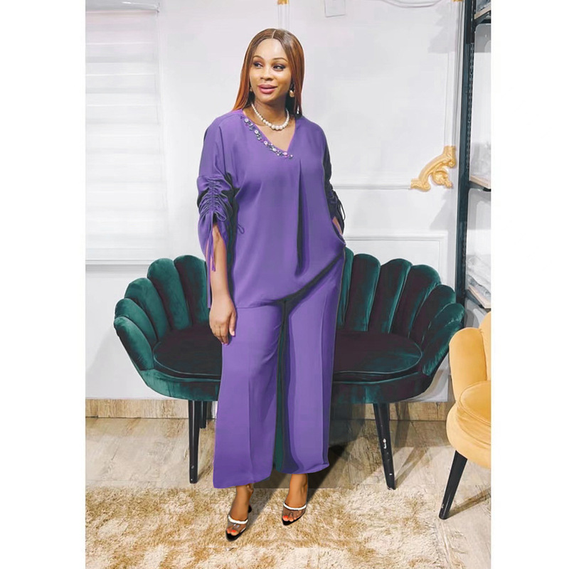 Cross-border Foreign Trade African Large Size Women's Clothing Soft Top Wide Leg Pants Set AliExpress V-neck T-shirt Trousers