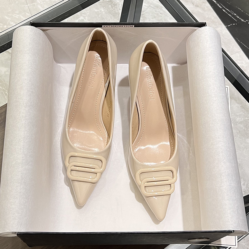 New French Pointed-Toe High-Heeled Shoes with Shallow Mouth, All-Inclusive Square Buckle, Versatile Single Shoes, Stiletto Heels for Spring New French Pointed-Toe High-Heeled Shoes with Shallow Mouth, All-Inclusive Square Buckle, Versatile Single Shoes, Stiletto Heels for Spring