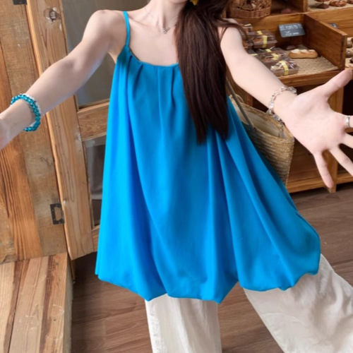 Korean-Style New Fashion Set Blue Pleated Tank Top and Loose Trousers Two-Piece Set for Women Summer Flowy Casual Pants