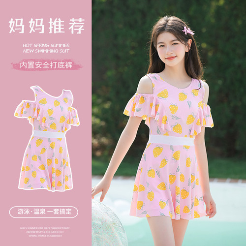 Women's One-Piece Swimsuit for Older Girls, Conservative High-Waisted Style with Bra Cup, Sweet Teenage Girl Swimwear for Hot Springs