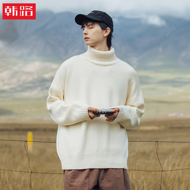 Hanlu Men's Clothing Solid Color Turtleneck Sweater Men's Winter New Style Lazy Style Japanese Versatile Couple Heavy Knit Sweater Hanlu Men's Clothing Solid Color Turtleneck Sweater Men's Winter New Style Lazy Style Japanese Versatile Couple Heavy Knit Sweater