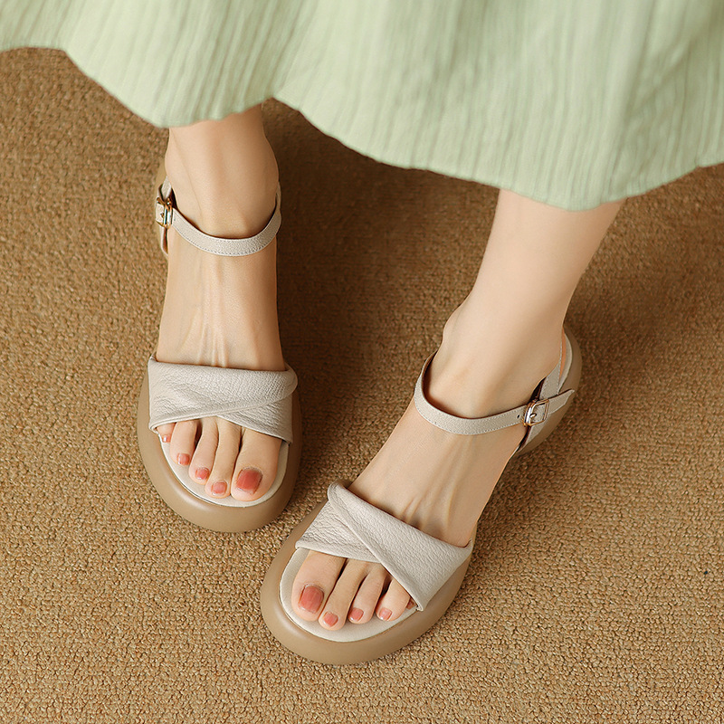 Sandal nữ da cừu đế dày gót thô hở ngón quai ngang phong cách La Mã — Màu trắng be