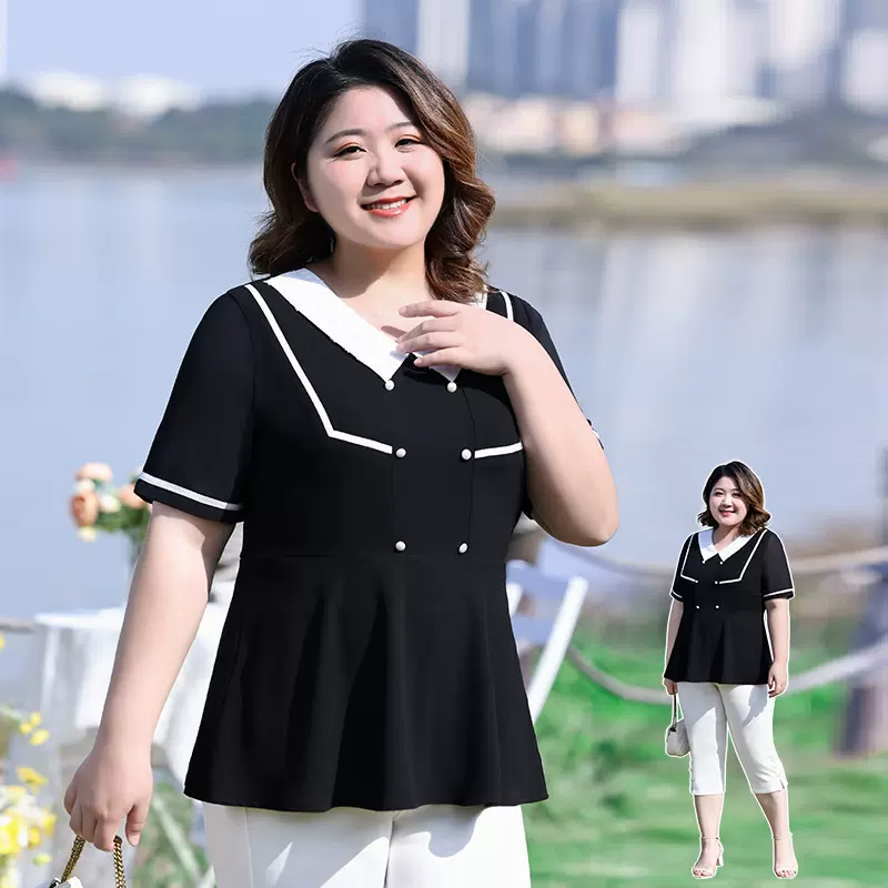 大码女装雪纺衫夏季新款胖MM200斤收腰显瘦时尚娃娃领V领短袖上衣