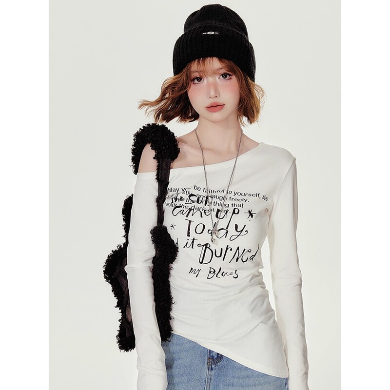 Jinliang Official Picture [Ready Stock Ribbed Velvet] Retro Hot Girl Oblique Neck Long Sleeve T-Shirt Slim Fit Bottoming Shirt
