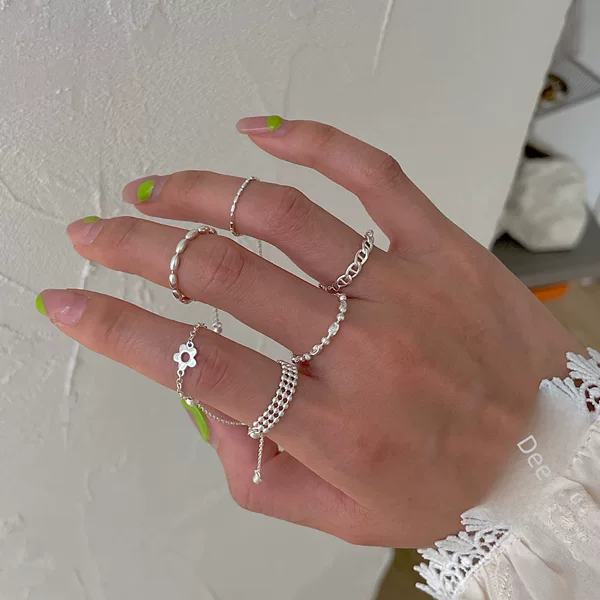 Korean-Style Sweet and Delicate Adjustable Rings for Women, Vintage Fashion Flower Tassel Chain Finger Rings, Index Finger Rings