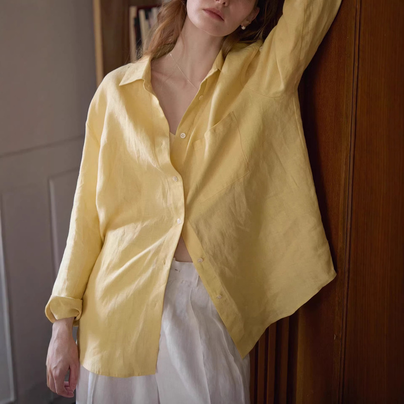 2026Ss High-End Japanese Sand-Washed Pure Linen Long-Sleeved Shirt with Embroidery
